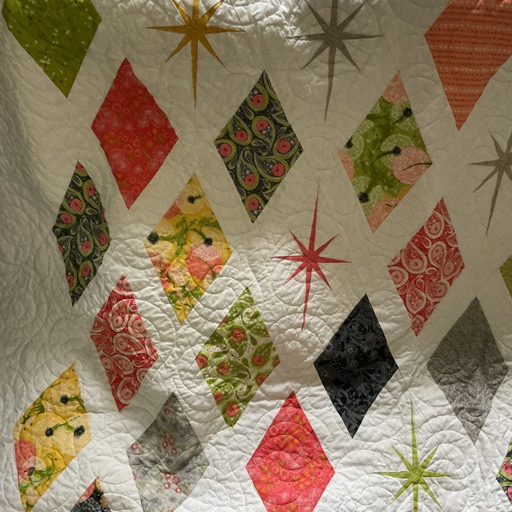 Handmade Mid Century Modern Atomic Starburst Diamond Quilt White Multi Color